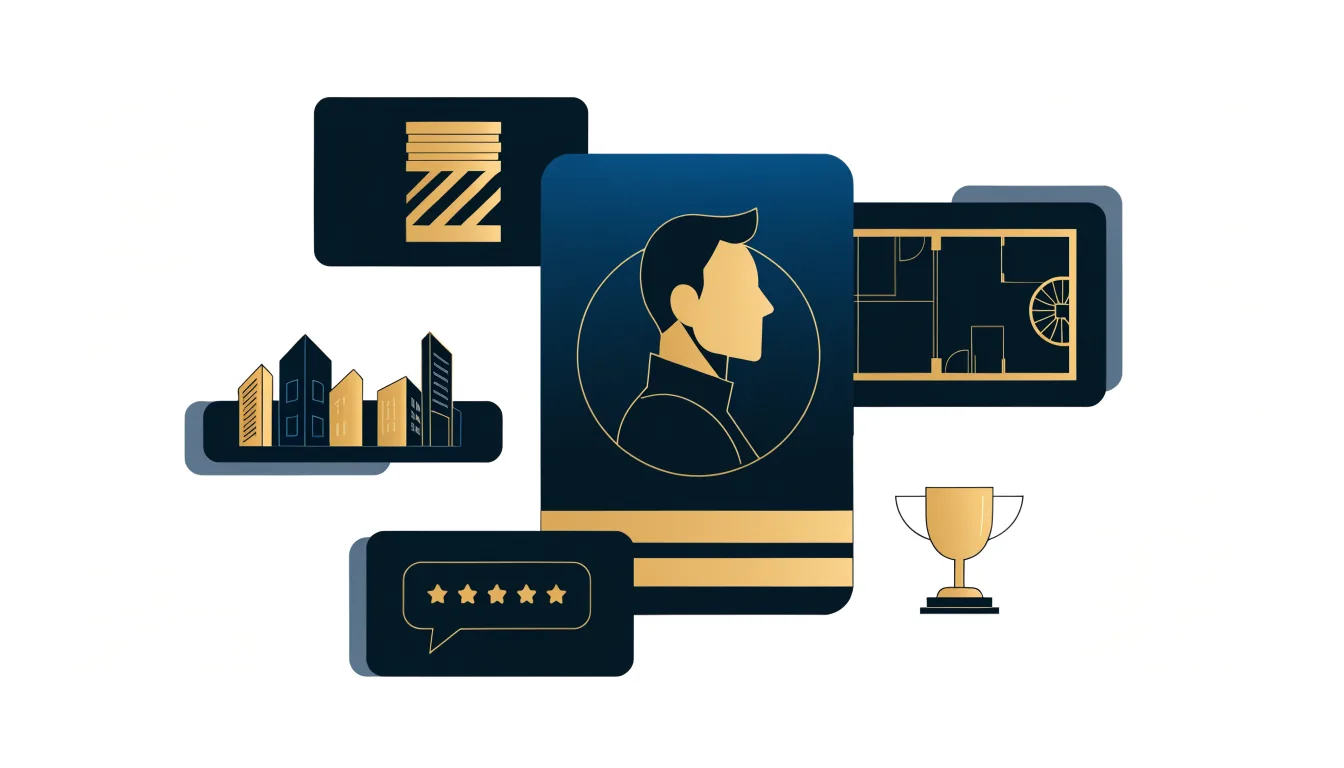 A director profile surrounded by products, projects, clients and awards